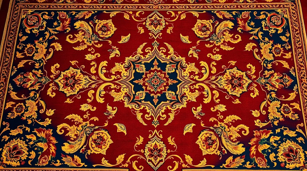 Professional photography a luxurious Persian carpet with intricate floral motifs arabesque patterns deep ruby red gold and navy blue tones symmetrical medallions detailed corners high embroidery texture warm golden hour light soft pastel co.jpg
