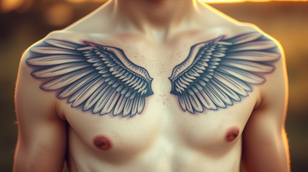 Fine art photograph, warm golden hour lighting, soft pastel colors,  featuring a large, intricately detailed angel wing tattoo across a person's chest.  The style blends photorealistic and fantasy elements, creating a gentle, soothing atmos.jpg